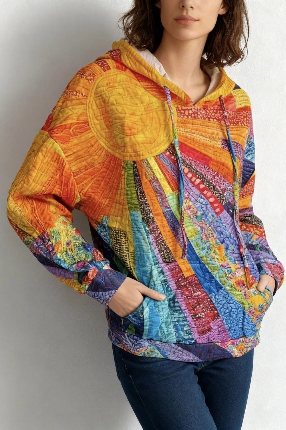 Women's hooded sweatshirt 3D printed with colorful sun pattern, women's pullover sweatshirt top, street neutral outerwear clothi