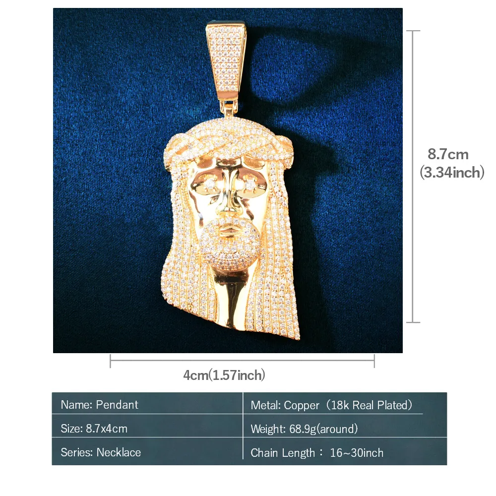 CUC Men Big Jesus Heard Pendant Gold Color HipHop Necklace Chain Fashion Rock Rapper Jewelry Personalized Gift