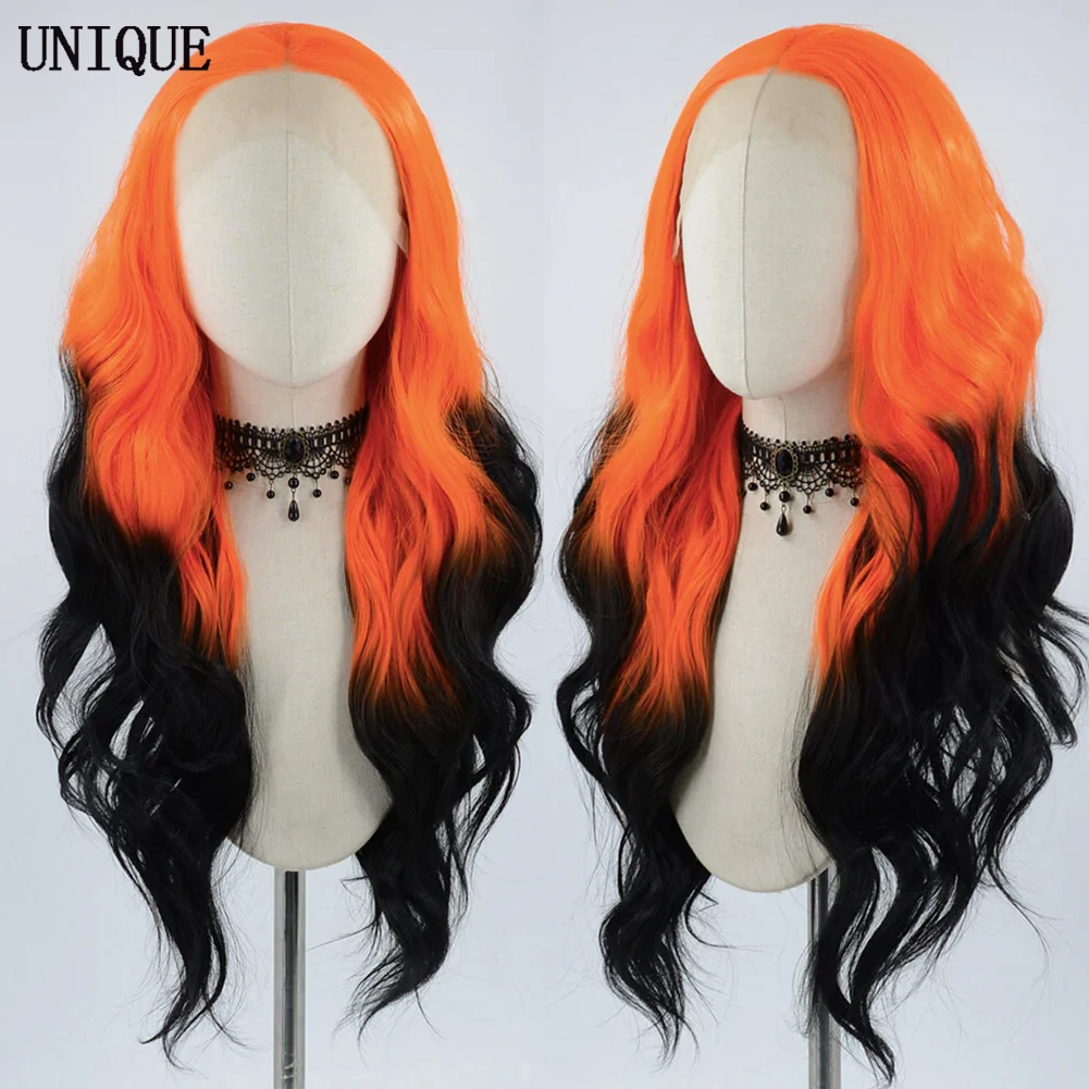 UNIQUE Long 26 Inch Synthetic Ombre Wig Orange Black Lace Front Wigs for Women Heat Resistant Fiber Glueless Body Wave Wig Hair