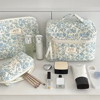 1 szt. Bawełniany niebieski kwiat damska kosmetyczka torby do przechowywania z tkaniny mała duża pojemność organizator podróży etui damskie etui na przybory do makijażu