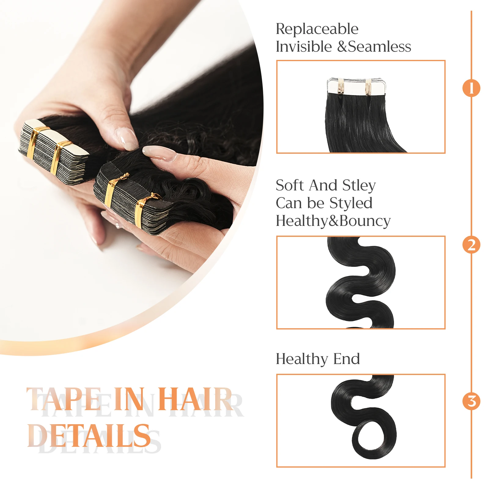 شريط موجة الجسم في وصلات الشعر البشري شريط فضفاض سلس 100% شريط لاصق غير مرئي حقيقي طبيعي للنساء 12-30 بوصة