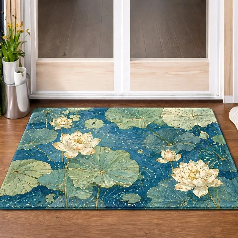 Vintage Chinese Lotus Doormat White Blossom Green Leaf Water Pattern Floor Rug Aesthetic Garden Decor Mat for House Entryway
