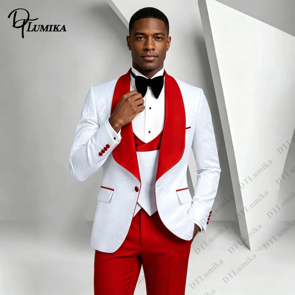 Bespoke White & Red Contrast Mens 3 Piece Suit Jacquard Jacket Vest Pants Bespoke Fashion Wedding Suits for Men XXS-7XL Tuxedo