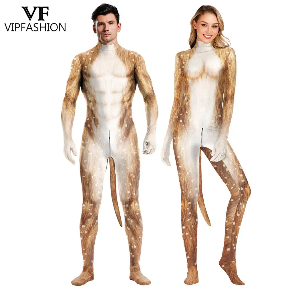 VIP FASHION Men Women Animal Cosplay Costume Crotch Zipper Zentai Bodysuits Unisex Disguisement Couple Jumpsuits with Dog Tail