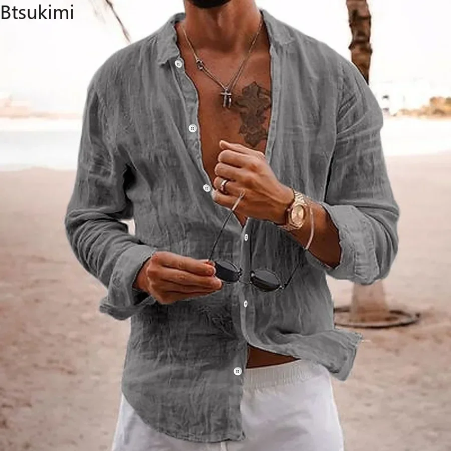 2024 Men's Beach Holiday Style Long Sleeve Casual Shirt Fashion Solid Loose Cotton Linen Breathable Lapel Tops Man Daily Blouses