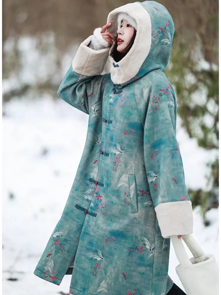 Aigyptos Herbst Winter Wolle Mäntel Frauen eleganten Druck Kapuze dicken warmen Plüsch Futter Woll mantel weibliche lange schicke Oberbekleidung Jacke