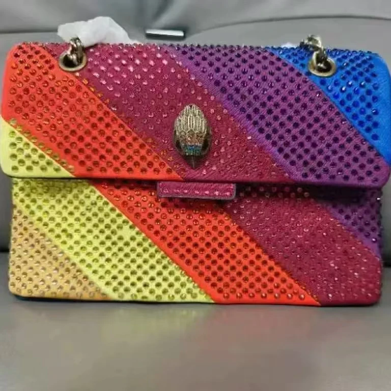 Luxury Design Fabric Women Bag Crystal Embellishment Quilting Pattern Rainbow Patchwork Icon Metal Logo Jointing Purse