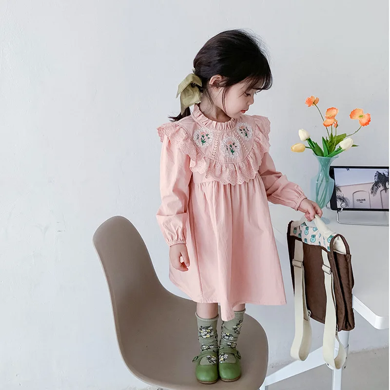 

Baby Girls Dress Retro Lace Long Sleeve 2024 Autumn New Korean Style Ruffled Collar Childrens Dress