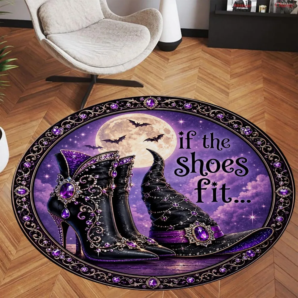 If The Shoes Fit Halloween Witch Hat Boots Moon Purple Pattern Holiday Luxury Round Mat Elegant Area Rug Home Decor