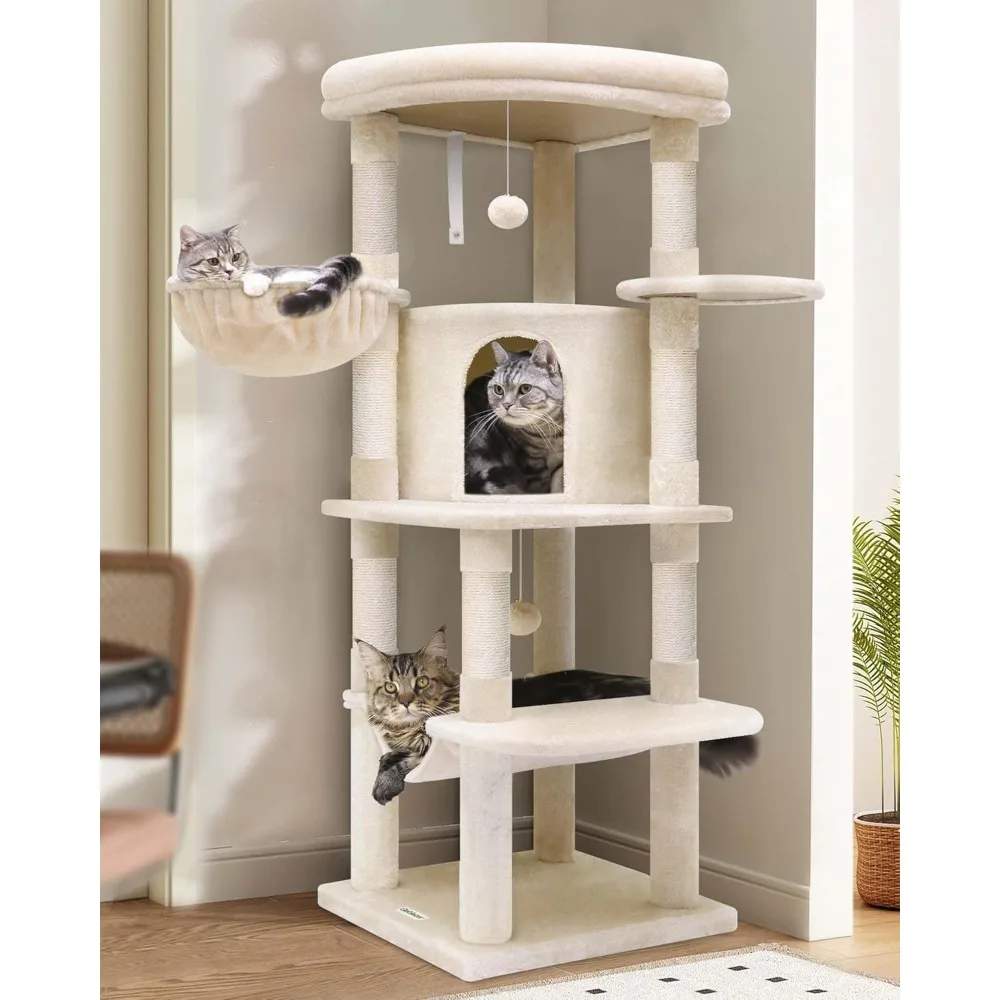 

Corner Cat Tree for Large Cats, 51in Curved Series Modern Cat Tower for Indoor Cats with Hammock, 7 Sisal Scratching Posts, Larg