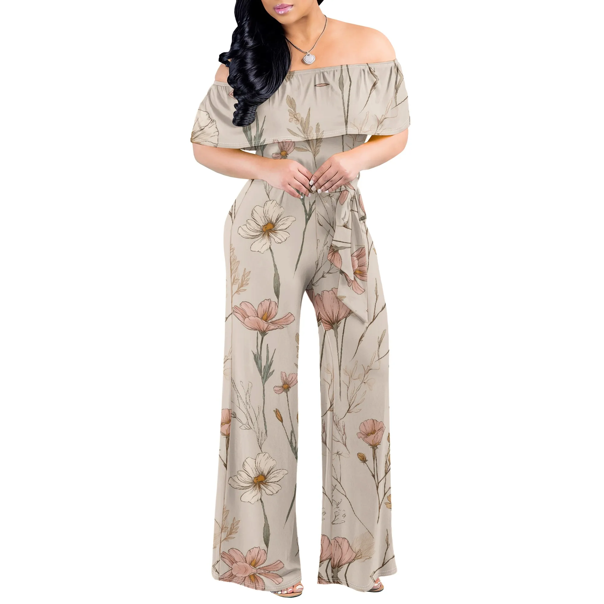 Monstera Leaf Print Off Shoulder Jumpsuit Women Casual Beach Romper with Belted Waist