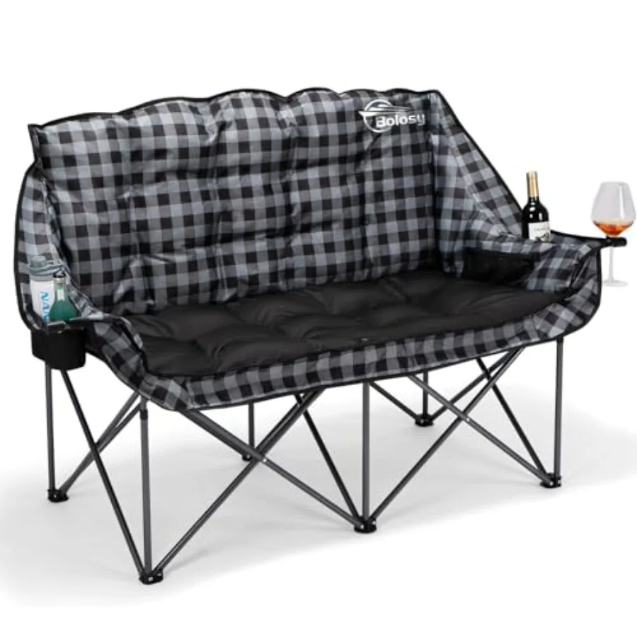 Double Camping Chair Padded Loveseat for Outdoor Use, Heavy Duty Steel Frame with Plaid Fabric, Gray and Red, Extra Wide Seatin