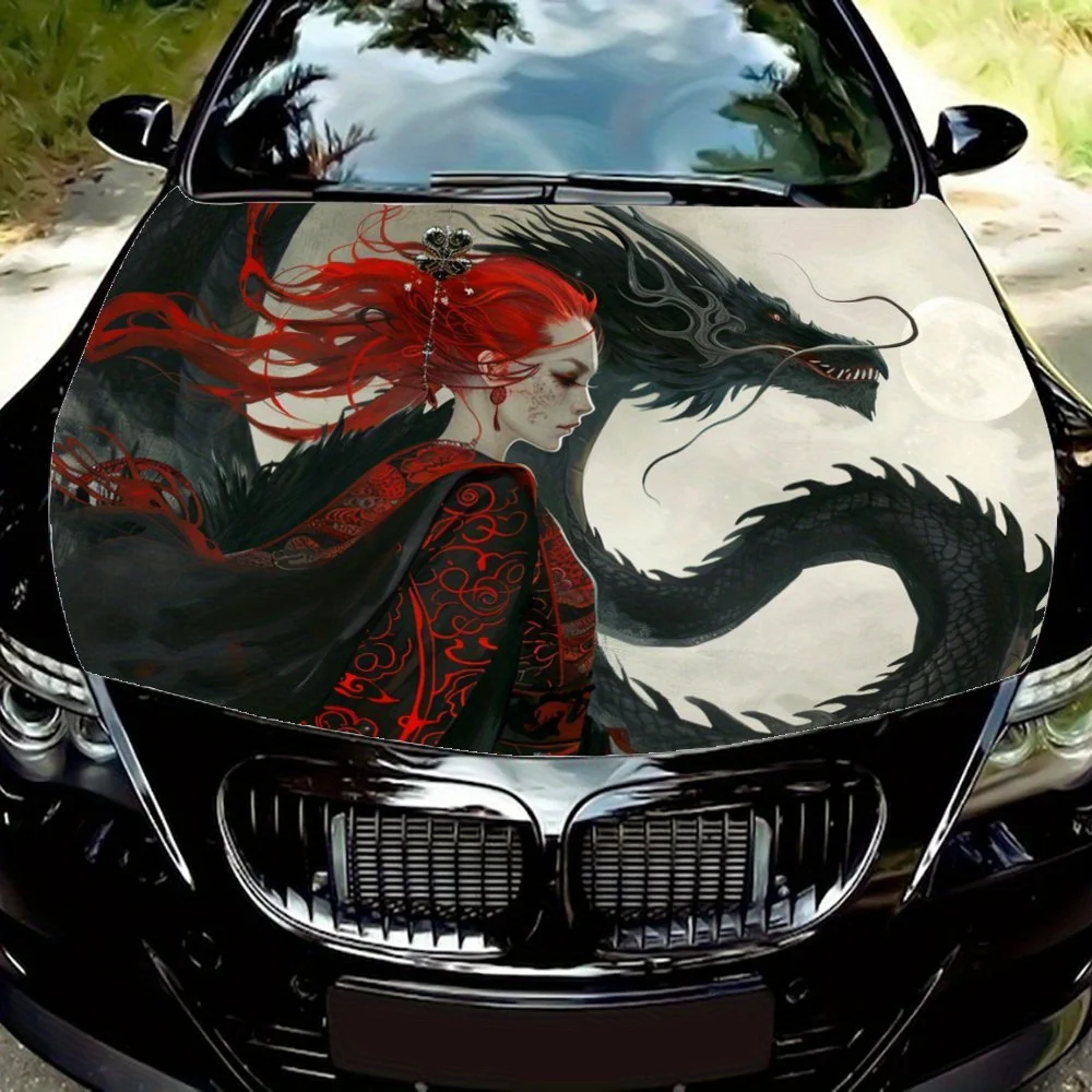 

Moonlit Bonds: The Fateful Pact of the Crimson Dragon and the Crimson-Haired; Car Vinyl Wraps, Engine Hood Graphics, Car Engine