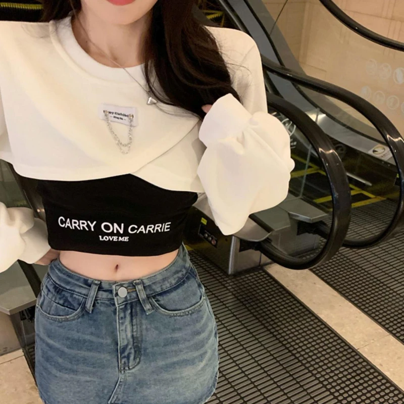 O Neck Chain Irregular Y2k Sweatshirts 2022 Fashion Korean Crop Tops Harajuku Punk Gothic Streetwear Women\'s Clothing Camis Suit