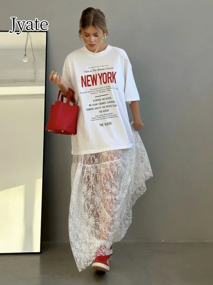 Jyate Jacquard Transparent Long Lace Skirt Women 2024 Summer New High Waist Sexy Casual Maxi Skirts Street Fashion White Jupe