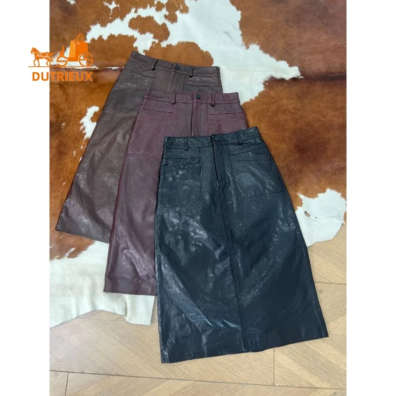 Mittellanger, hoch taillierter, hüftumwickelter A-Linien-Rock für Damen im Herbst und Winter, edler und femininer Rock aus 100 % echtem Schaffell