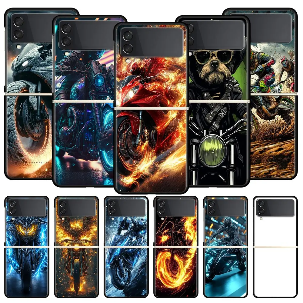 Motorcycle Hard PC Phone Case For Samsung Galaxy Z Flip 7 6 5 4 Black Cover For Galaxy Z Flip 3 Foldable Shell Fundas Capas Bags