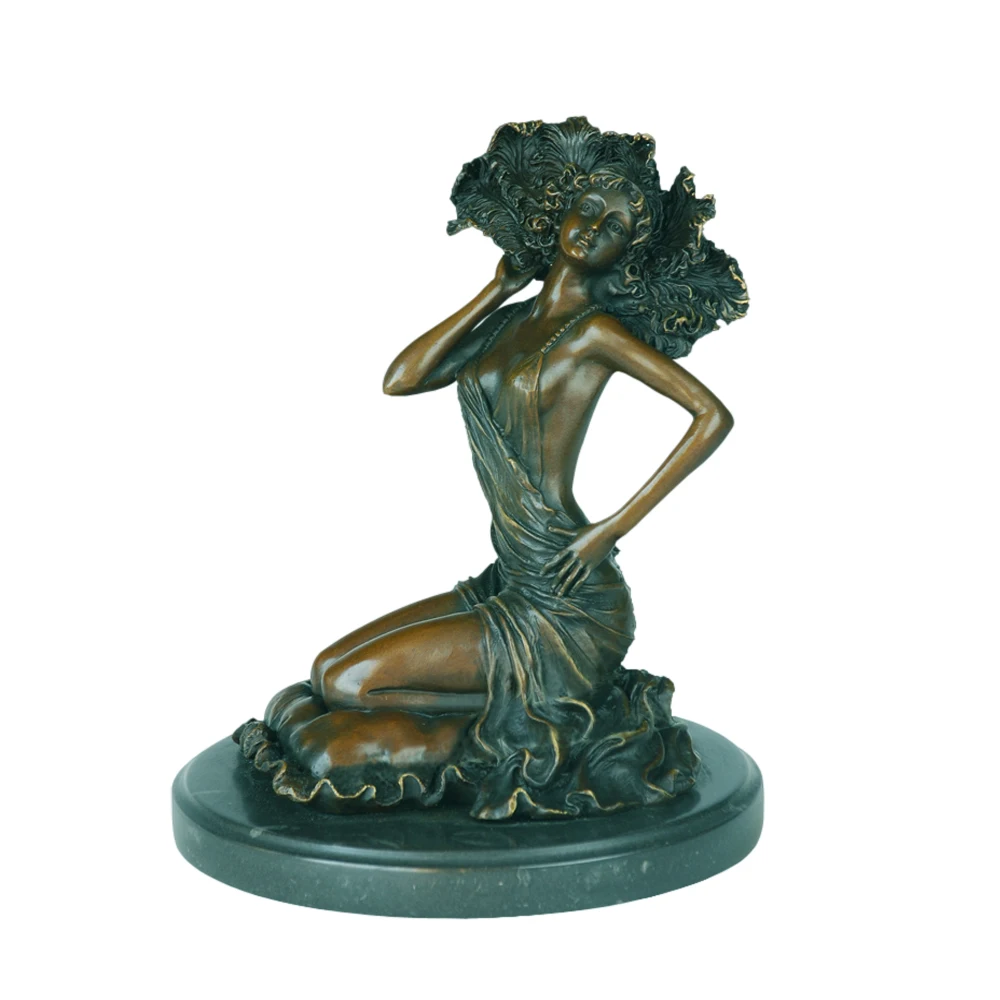 Bronze Fan Dance Woman Statue Figurine Vintage Sculpture Art Marble Base Home Decor