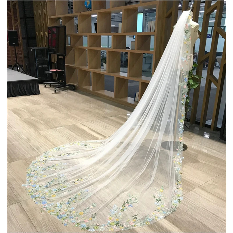 

3 D Pink Blue Floral Flowers Wedding Bridal Veils With Comb Cathedral Long Accessories Green Leaves Full Lace Trim For Brides