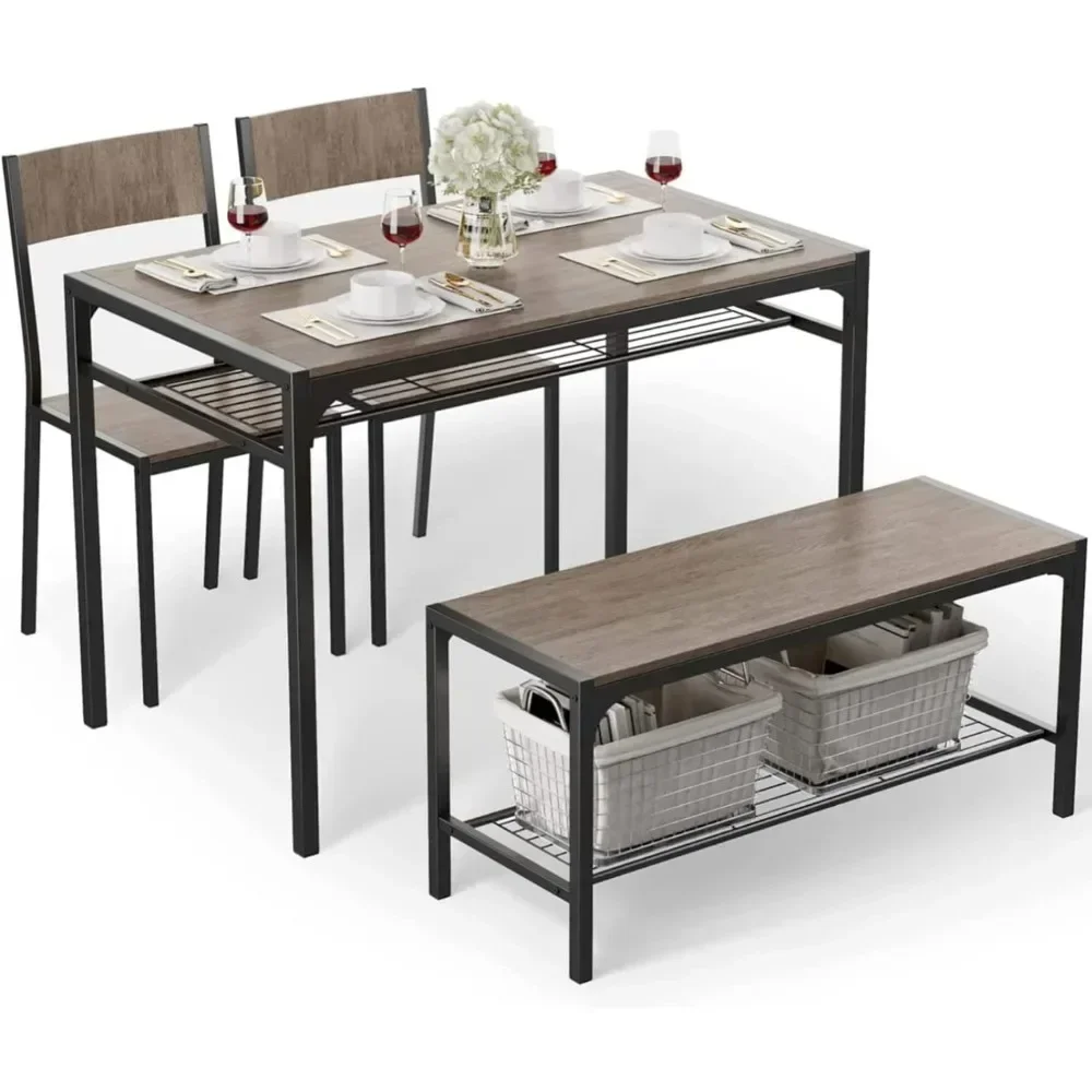 Kitchen Table and 2 Chairs for 4 with Bench, 4 Piece Dining Table Set for Small Space, Apartment