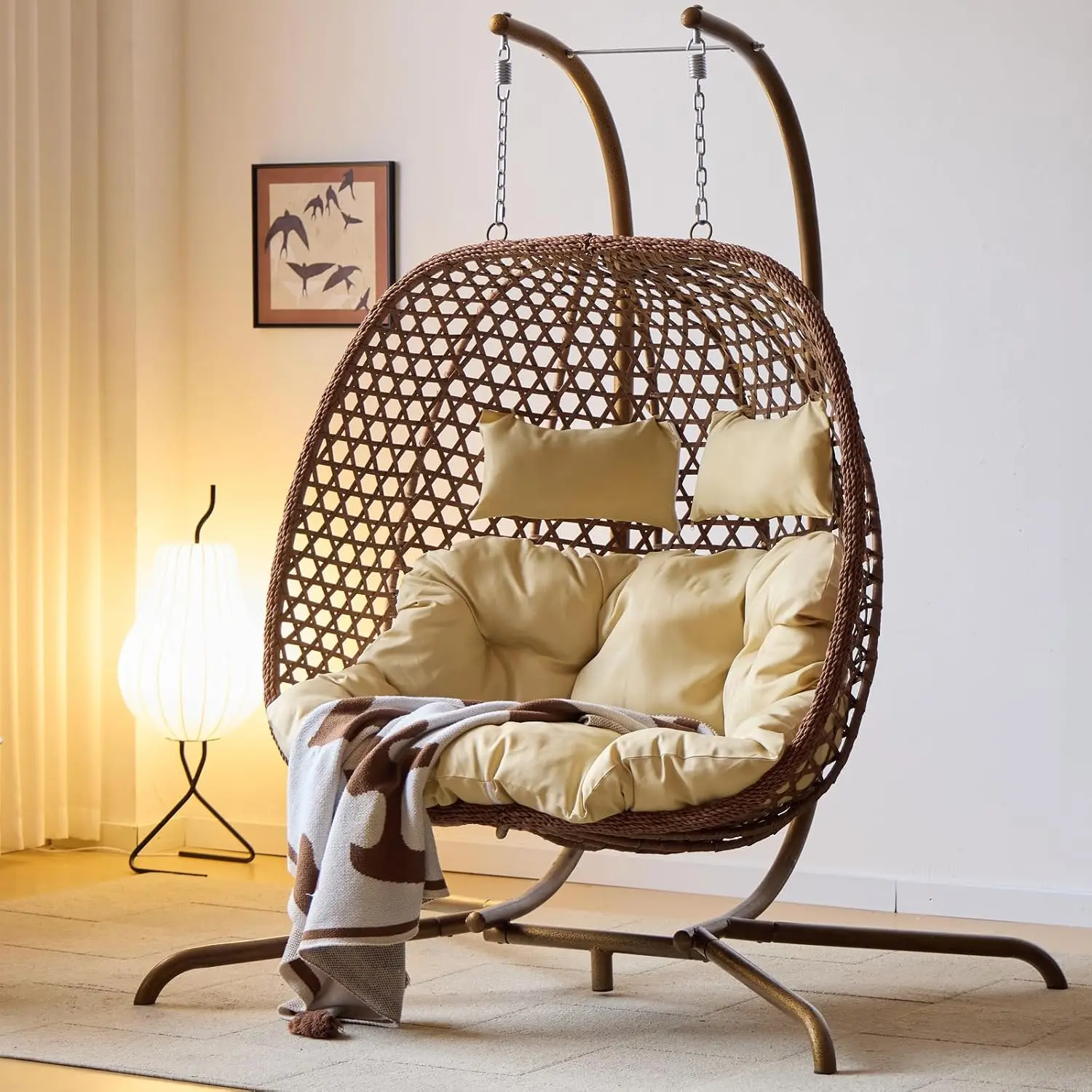 Double Swing Egg Chair Stand Hexagon Rattan Wicker Outdoor 2 Person Patio Hanging Foldable Loveseat Cushions, Customized