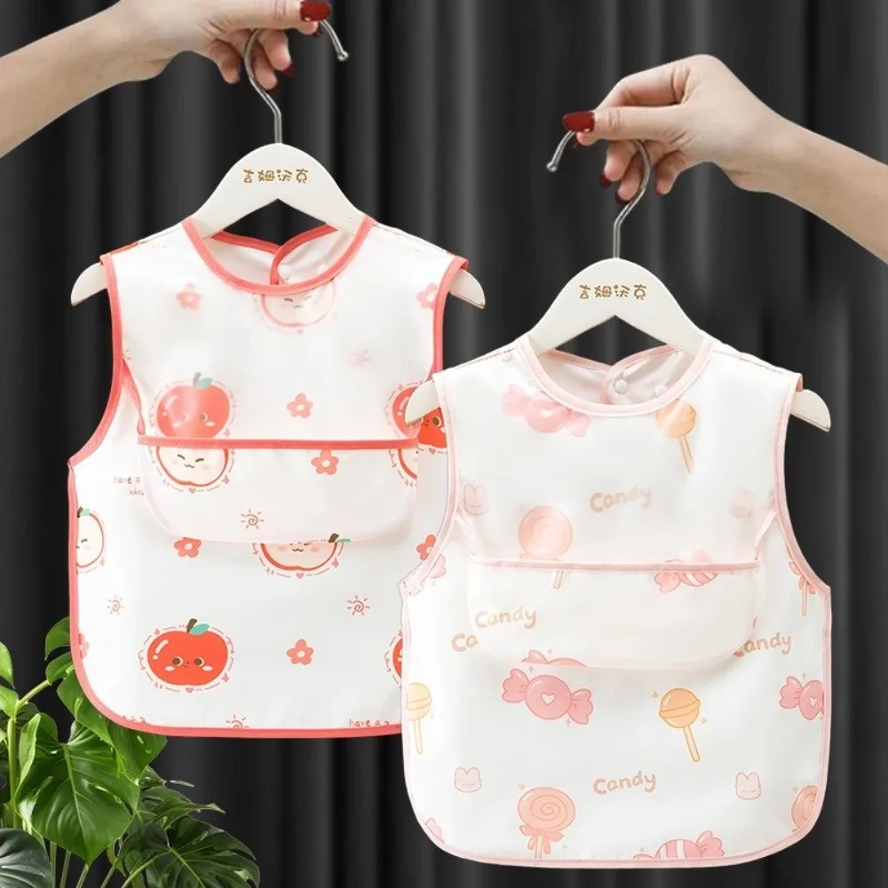 Cute Polyester Babies Feeding Bibs Waterproof Adjustable Neck Toddler Eating Aprons Pocket Design Cartoon Baby Bibs Mealtime Use
