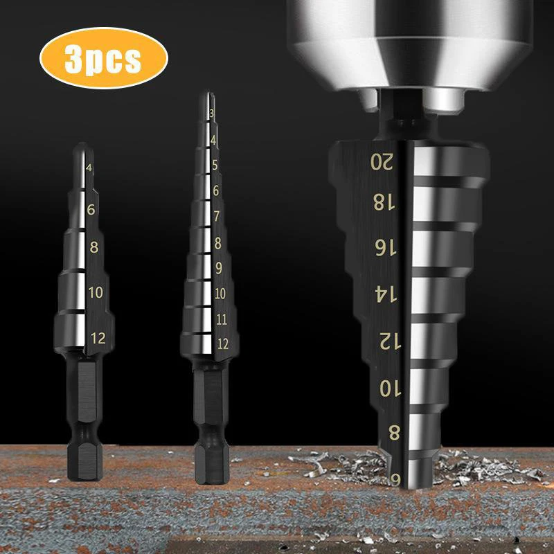 3Pcs Straight Groove Step Drill Bit Set Wood Metal Hole Cutter Core Drill Bit Set 3-12/4-12/4-20mm Woodworking