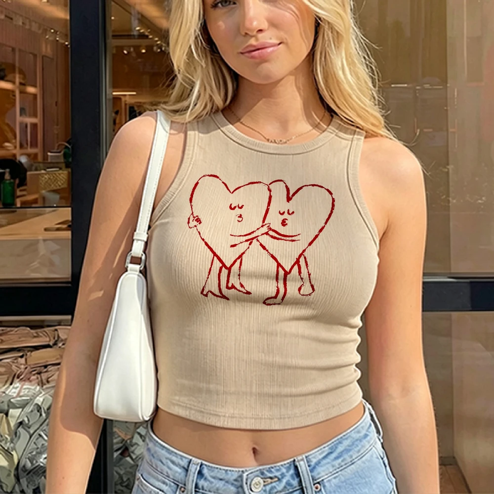 Distressed Red Hugging Couple Cartoon Hearts Print Ribbed Crop Tank Top Women Y2K Coquette Sleeveless Baby Strap Tank Gift VEST