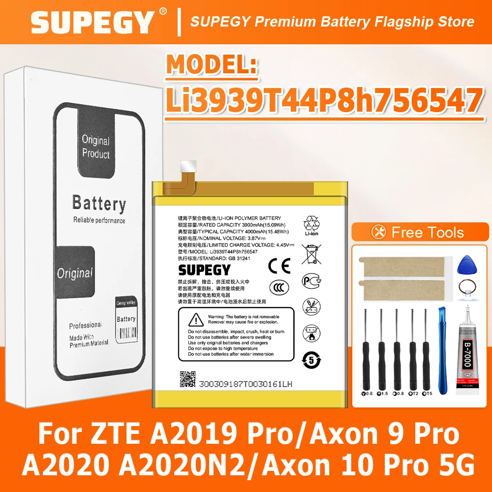 100% New Zero Cycle Li3939T44P8h756547 4000mAh Battery For ZTE A2020 N2 Axon 10 Pro 5G Phone Batteries + Free Tools
