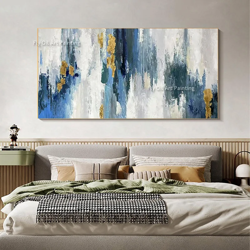 Special Navy Blue Canvas Thick Oil Painting Handmade New Popular Blue White Abstract Large Home Wall Decor Items Simple Artwork