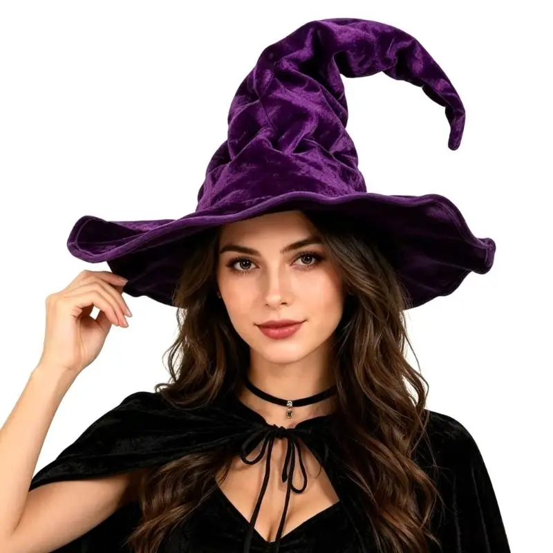 39BD Halloween Costume Witch Hat for Stage Shows and Parties, Plush-Look Pointed Headwear with Soft for Adults