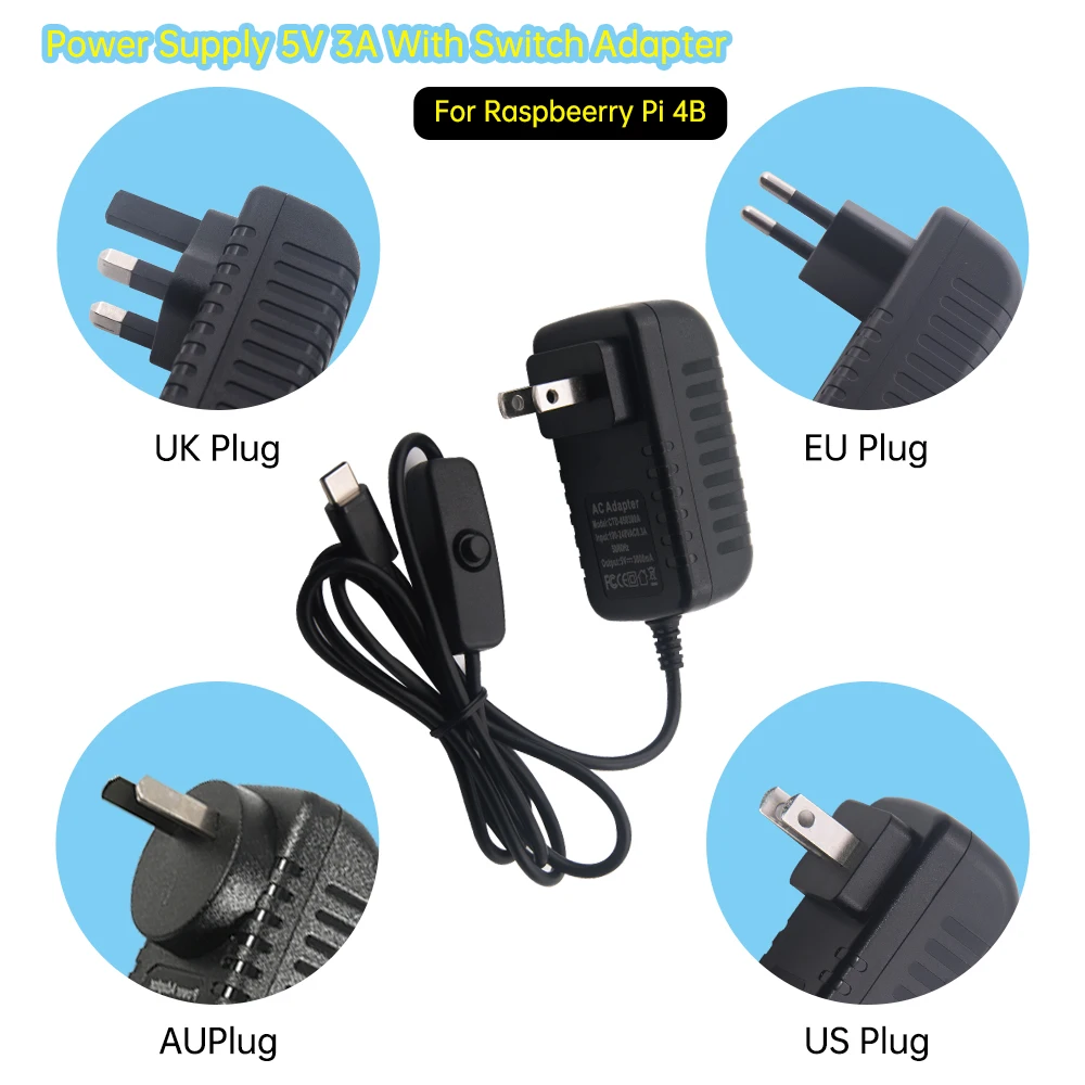 Kidsbits KEYES Raspberry Pi 4B Power Adapter 5V 3A With Switch Button Type-C Interface Motherboard Power Supply US/EU/UK/AU Plug