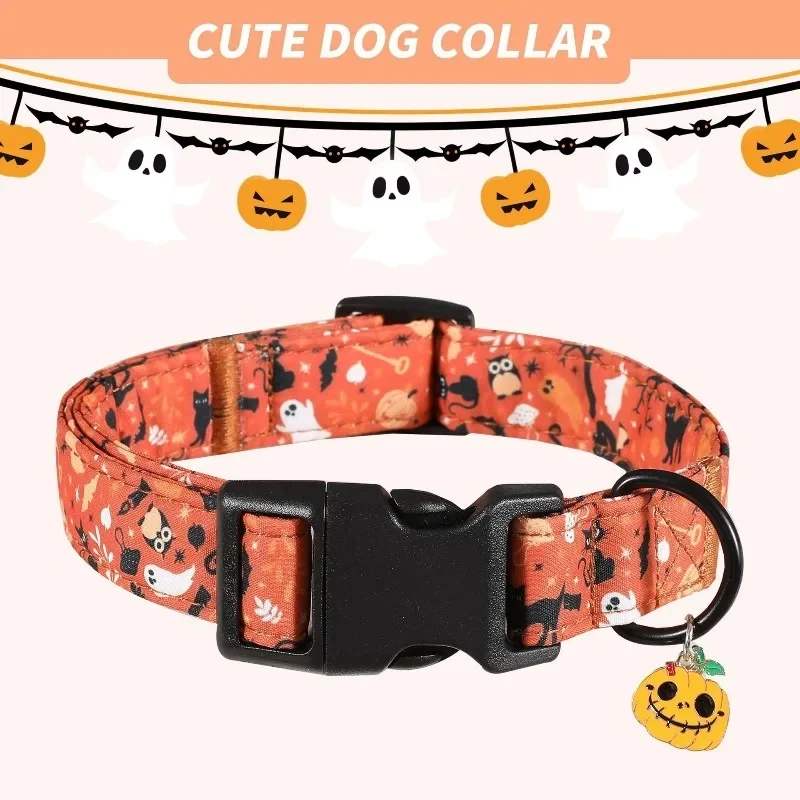 Halloween Dog Collar Adjustable Pet Necklace with Pumpkin Charm for Small Medium Large Dogs Cats