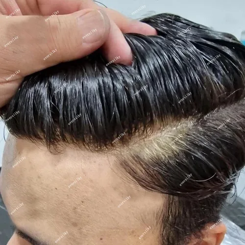 Imagen 2 del producto Línea de cabello Natural, peluquín súper duradero para hombres, negro, marrón, Rubio, 100% peluca de cabello humano, micropiel, piel fina, prótesis capilares completas de PU