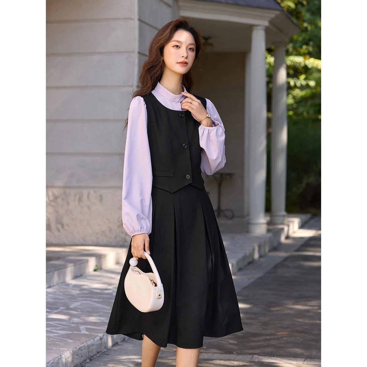 VIMLY Woman Contrast Color Dress Casual Puff Sleeve Long Dresses Spring 2026 Elegant Patchwork Stand Neck Ladies Dress A3751
