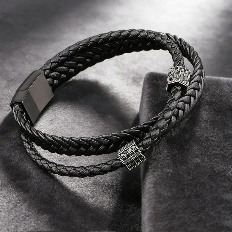 Black Leather Rope Cowhide Mens Bracelet Stainless Steel Braided Genuine Leather Multi Layer Handmade Wristband