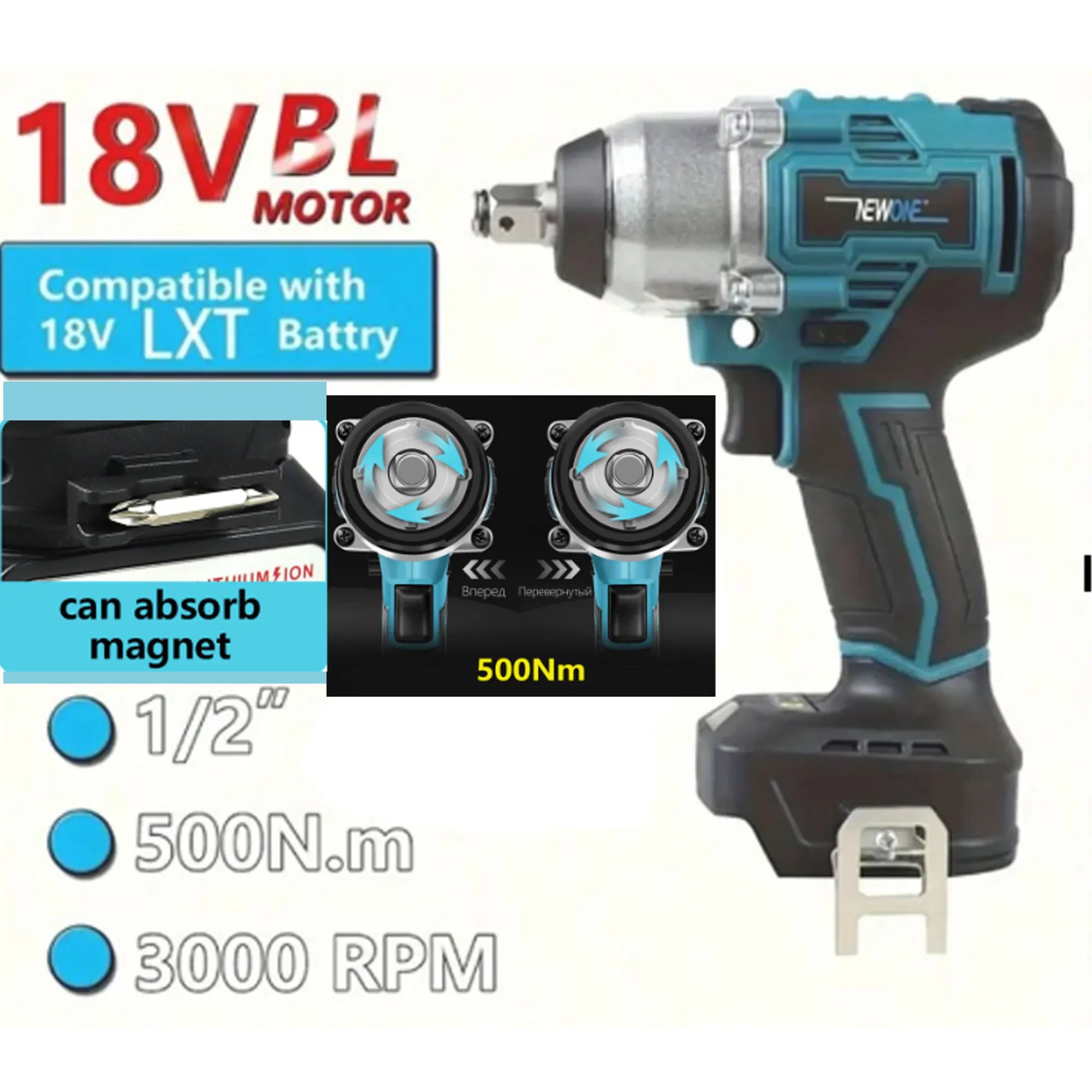 Newone 18V 1/2 inch Brushless Cordless Impact Wrench, Max Torque 500Nm, 2A battery, 3 Drive Impact Rotors