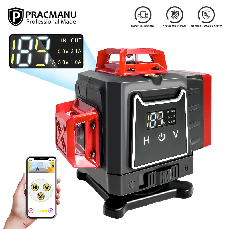 Pracmanu 16 Lines 4D Laser Level Green Beam Self-Leveling Digital Display Laser Level with 360° Rotatable Base & Remote Control