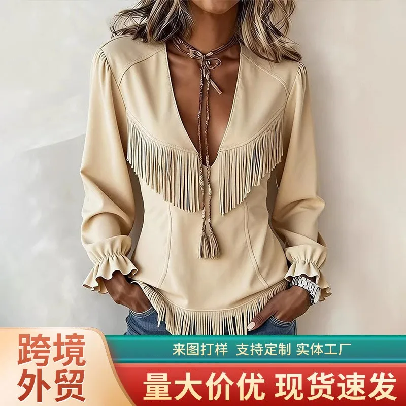 Fringe No Collar Top Regular Fit Streetwear with Punk Long Sleeve T Shirt for Women Long Sleeve T Shirt Summer Regular Length