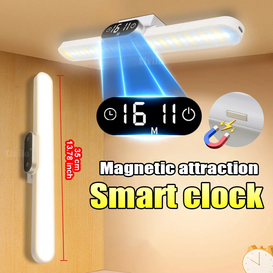 

LED Table Lamp With Clock Magnetic Hanging USB Rechargeable Desk Lamp 3 Colors Reading Lamp Dimmable Closet Wardrobe Night Light