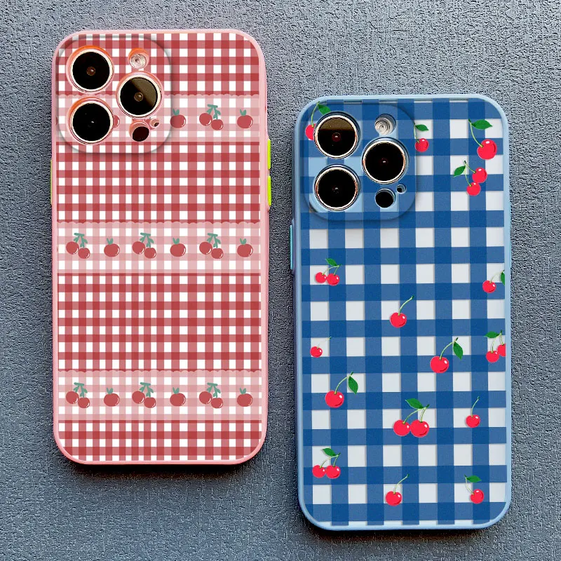 

Cute Fashion Girl Cherry Grid Pattern Phone Case for iPhone 15 16 Pro Max Plus 14 11 12 13 Mini Pro Max X XS XR 7 8 Plus Covers