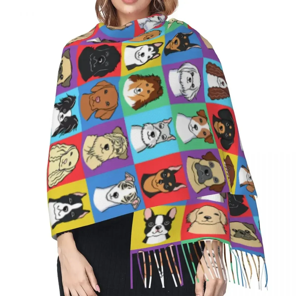 Dog Pattern Scarf Wrap for Women Long Winter Fall Warm Tassel Shawl Unisex Scarves