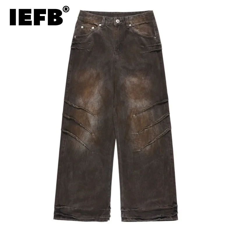 Iefb plissado calças de brim dos homens alta rua desgastadas cor gradiente masculino denim calças largas perna calças retas primavera nova moda 9c4208