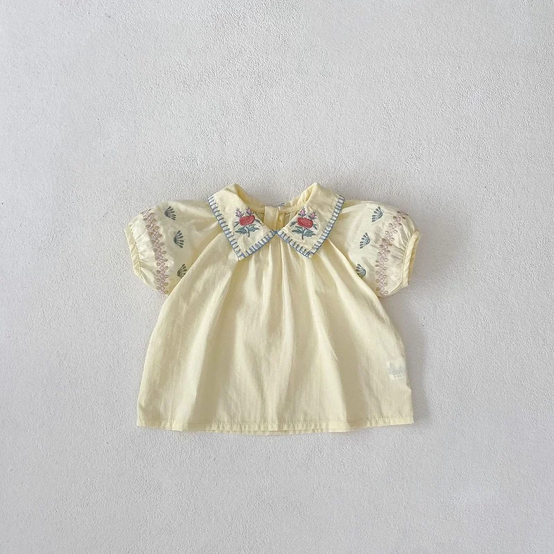 Newborn Kids Short Sleeve Turn Down Collar Embroidery Shirt Tops+Short Pant 2PCS Suit 2025 Summer Baby Girl Clothes Set 0-3Years
