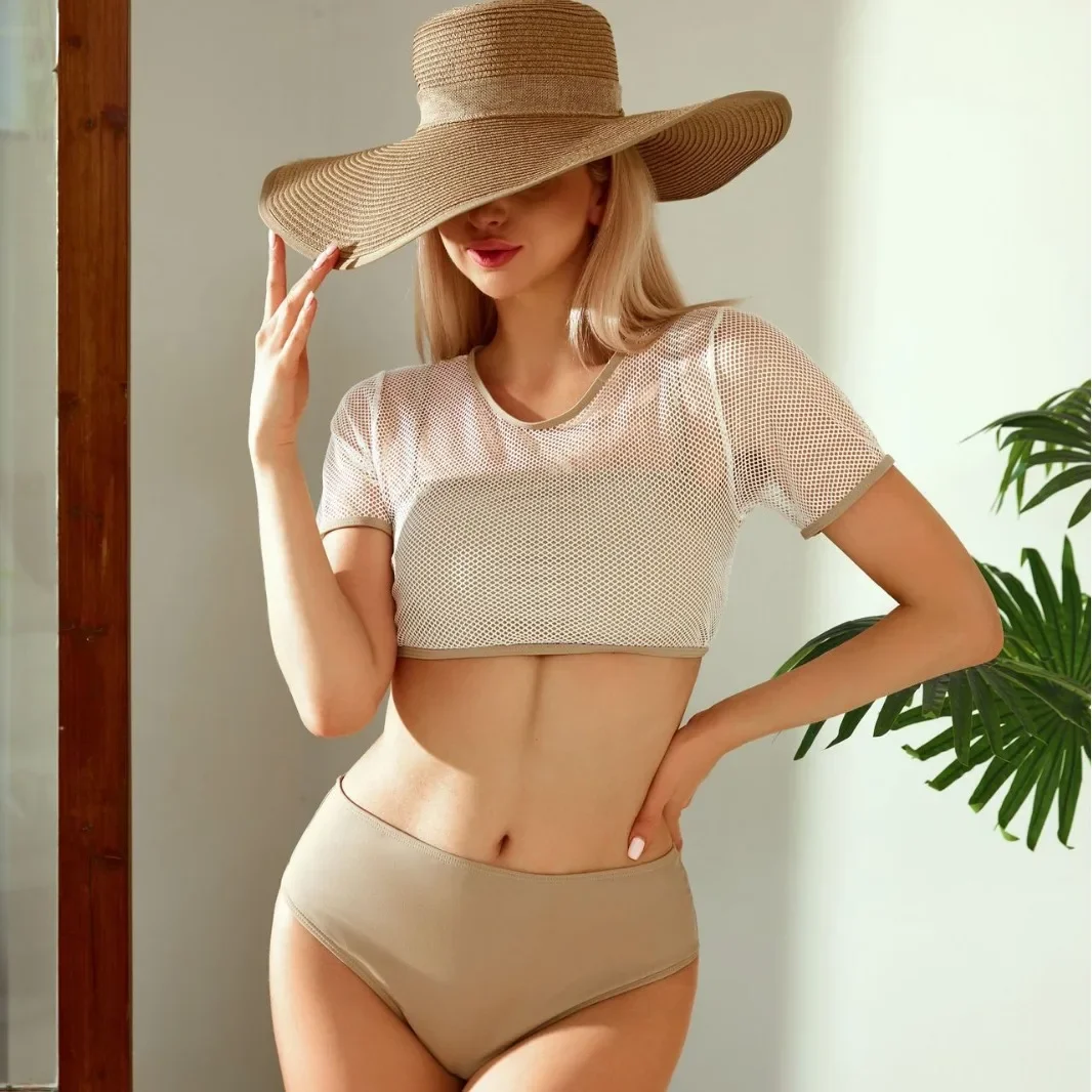 2025Sexy Bandeau manches courtes Bikini femmes maillots de bain femme maillot de bain 3 pièces Bikini ensemble taille haute baigneur maillot de bain piscine