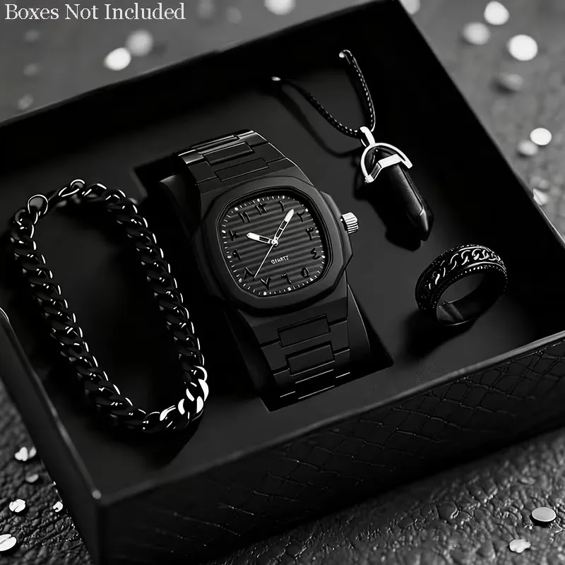 4-Piece Set of Men's Trendy Quartz Watches and Jewelry Necklaces, Casual Watches with Plastic Straps, Classic Design Men's Watches, Suitable for Wearing in Various Occasions