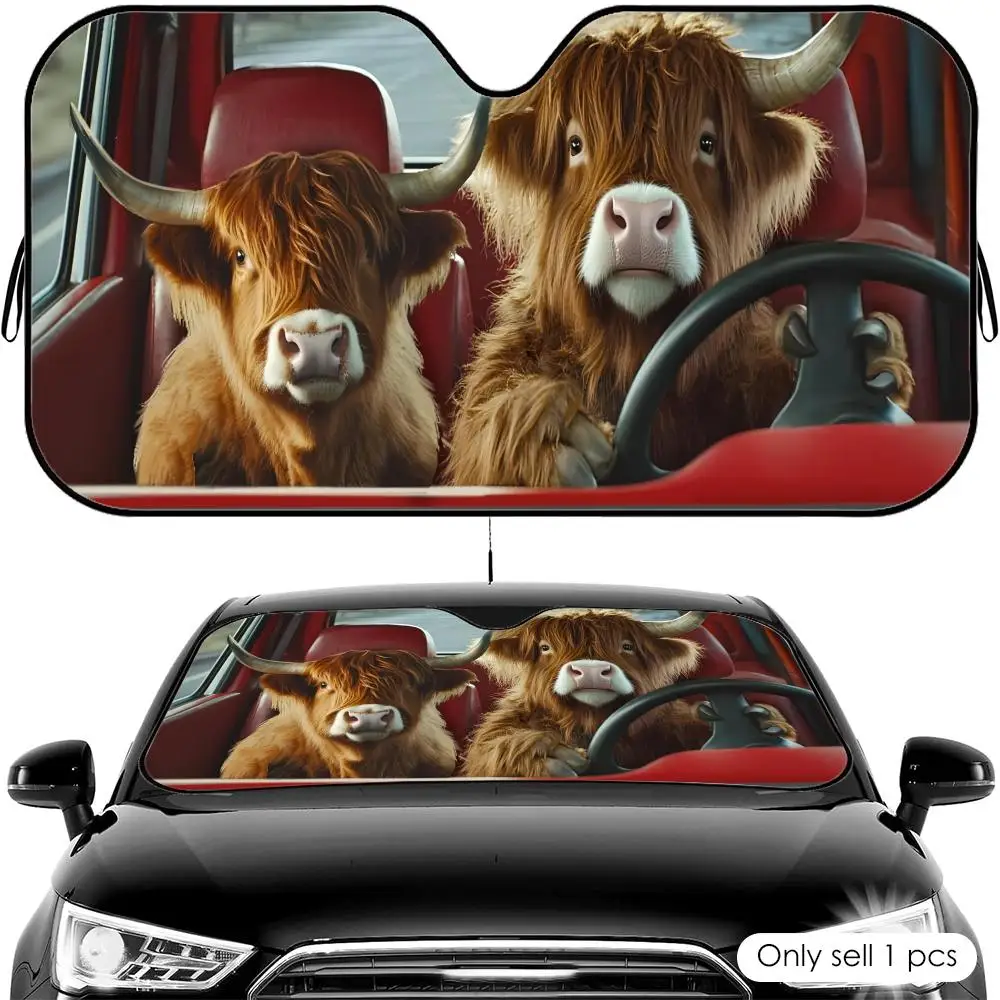 Cute Highland Cattle Sun Visor Reusable Aluminum Foil Car Windshield Sun Visor UV Protector Heat Insulation Cover Shade