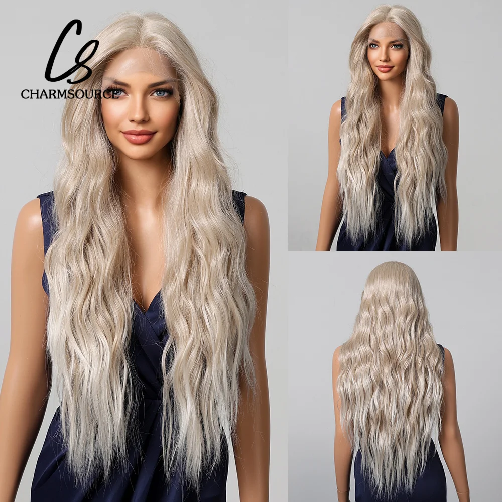 

CharmSource 13x6 Lace Wig Long Wavy Platinum Blonde Wigs with Dark Root for Women Daily Party Cosplay Wedding High Density