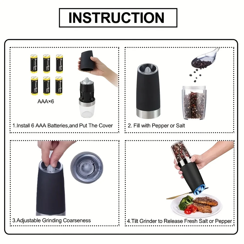 Pepper grinder, household sea salt grinder, electric adjustable spice grinder, reusable pepper crusher, kitchen gadget, adjustable coarseness, battery-powered LED light, one-handed automatic operation image 6