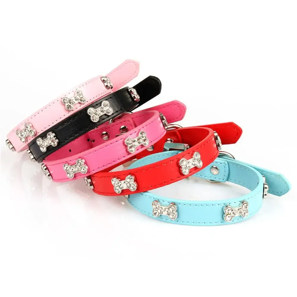 Bling bone Rhinestones Dog Collar pu Leather Adjustable Neck